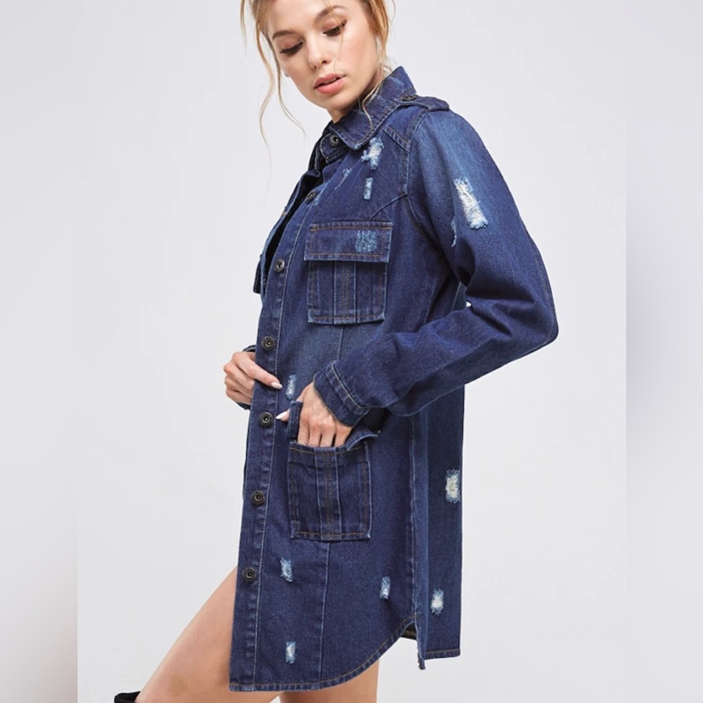 Distressed Denim Long Jacket - Picture 2 of 5